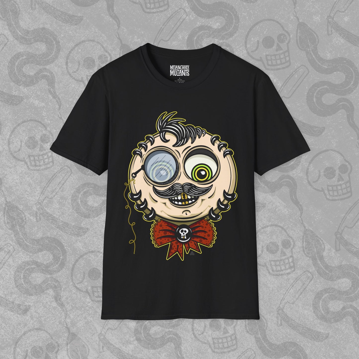 Step Right Up design printed on the front of a black t-shirt with vibrant colors.