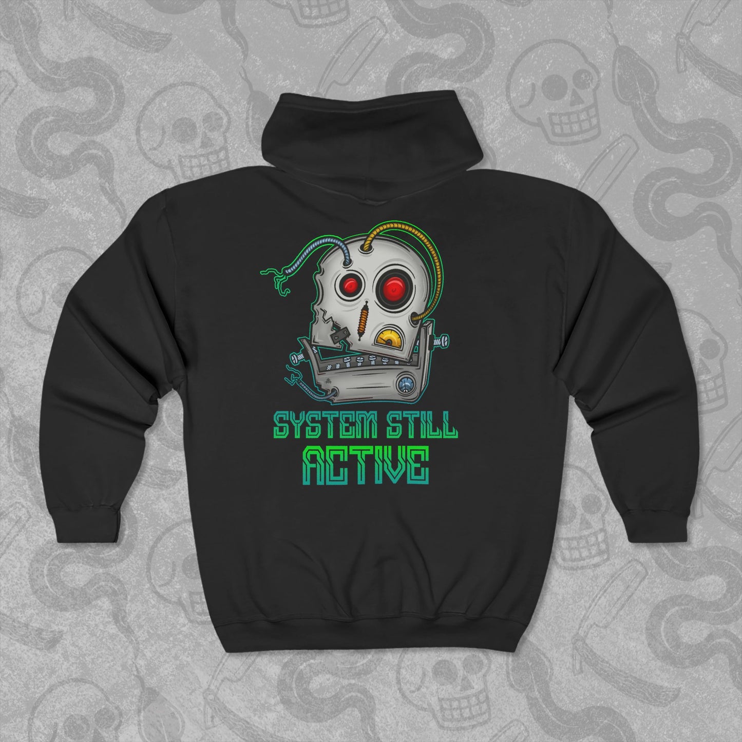 System Still Active design printed on the back of a black zippered hoodie with vibrant colors.