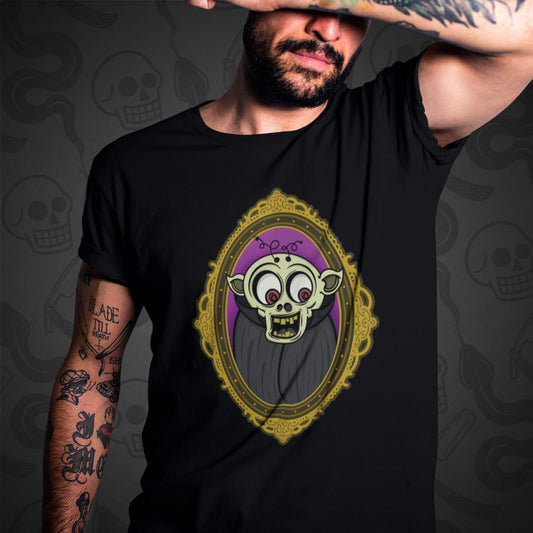 Cropped image of a model wearing black t-shirt with The Ghoul design printed on the front with vibrant colors.