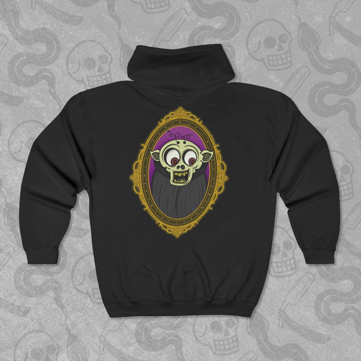 The Ghoul design printed on the back of a black zippered hoodie with vibrant colors.