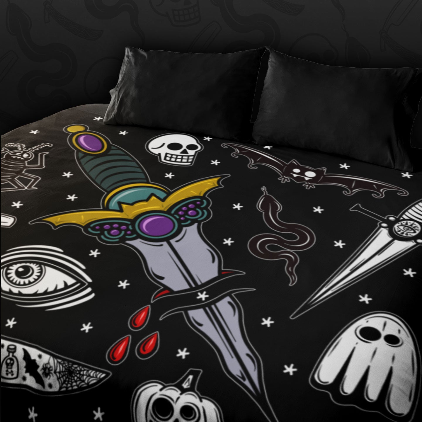 Comforter on a bed with The Ritual design.