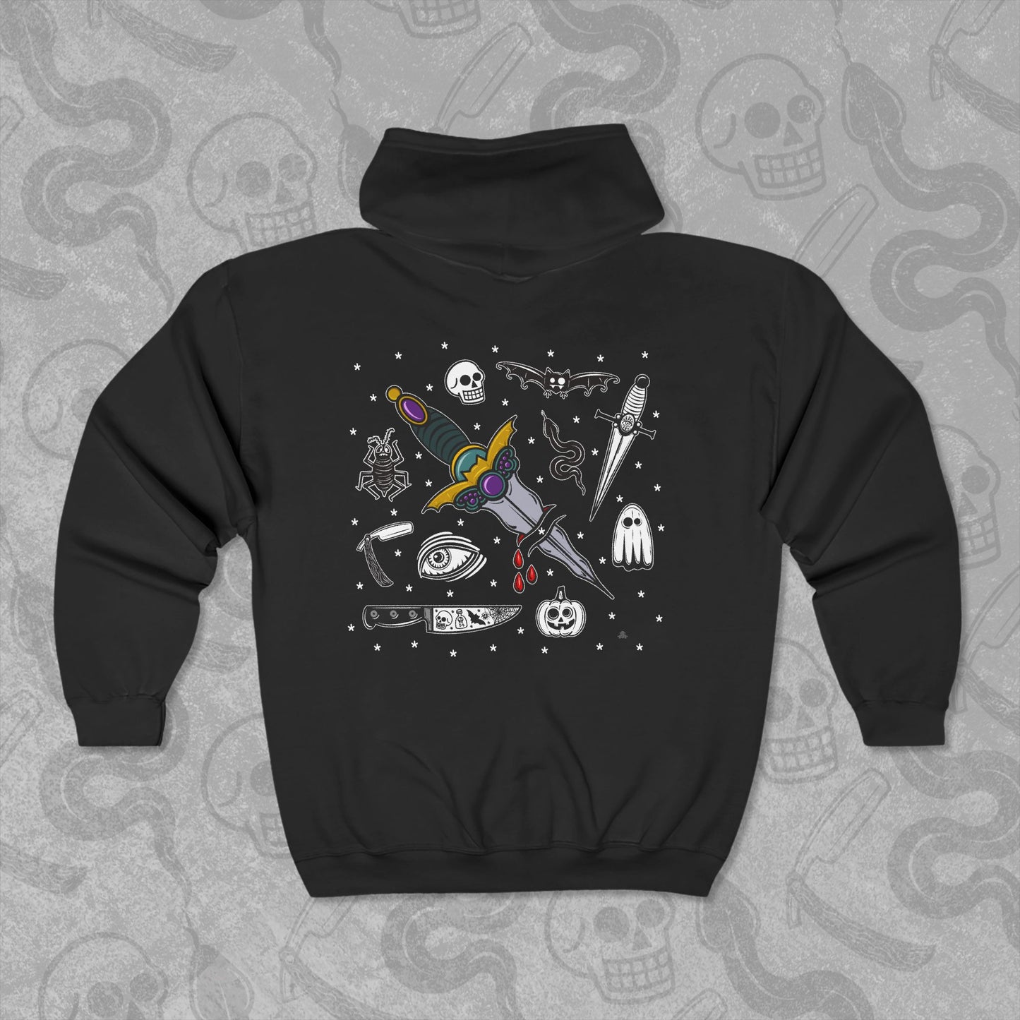 The Ritual design printed on the back of a black zippered hoodie with vibrant colors.