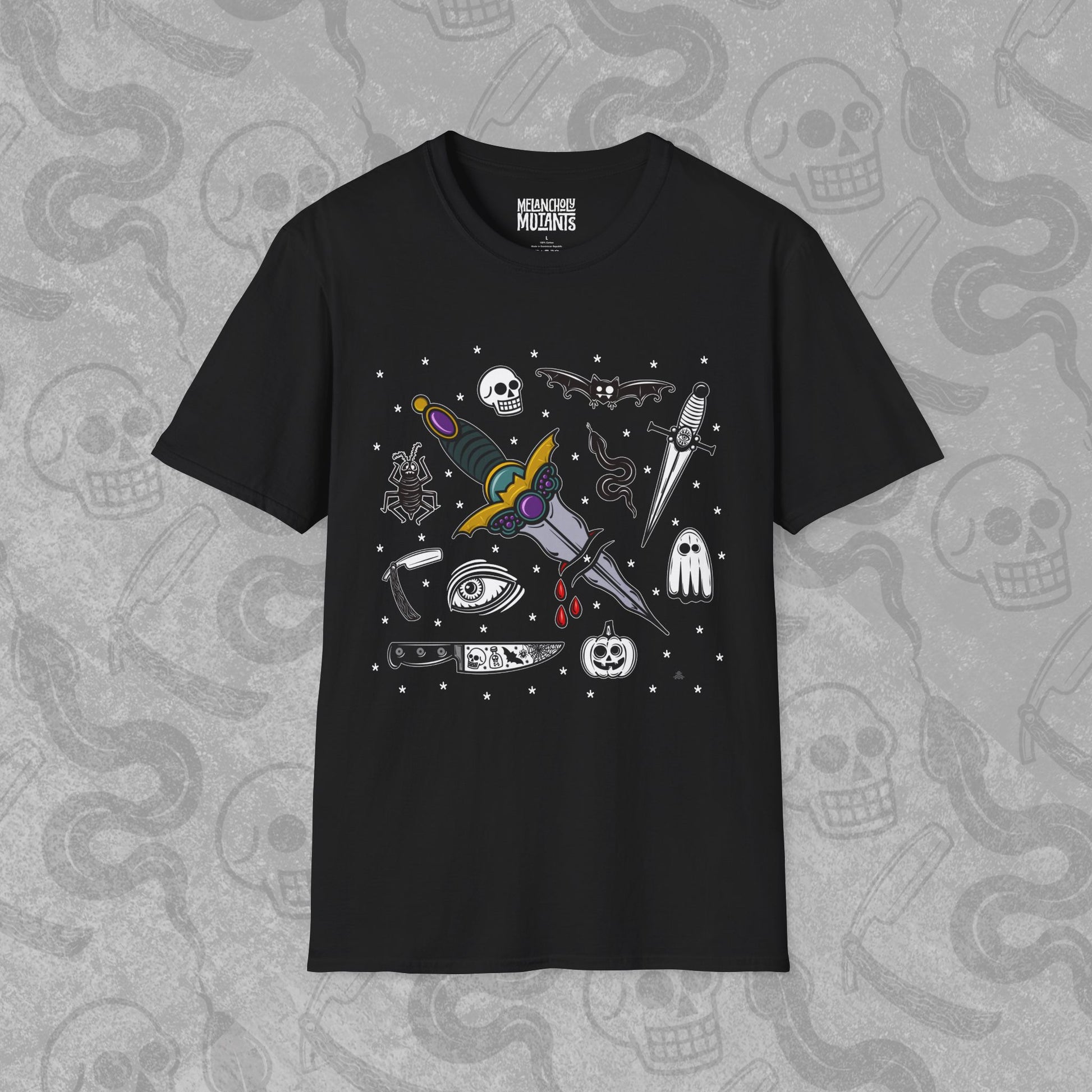 The Ritual design printed on the front of a black t-shirt with vibrant colors.